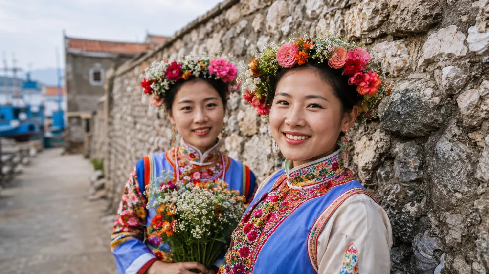 Traditional Xunpu women wearing flower crowns in Quanzhou China
