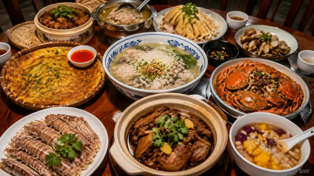 Traditional Quanzhou cuisine including Mianxianhu oyster omelette and ginger duck
