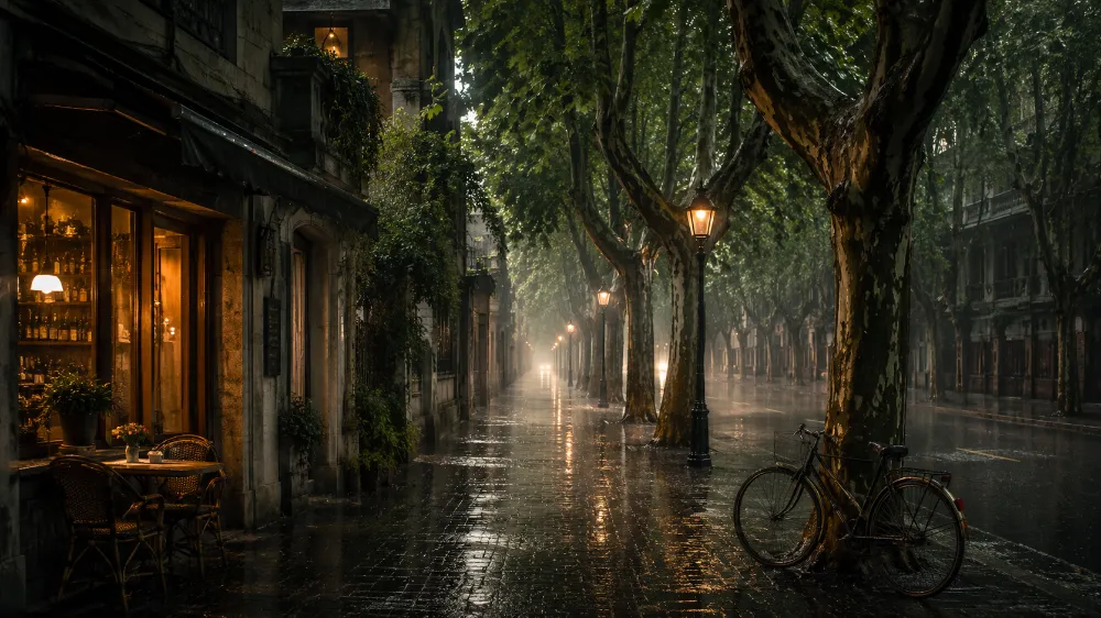 During the drizzling rainy season under the plane trees in the French Concession of Shanghai, the wet pavement reflects light.