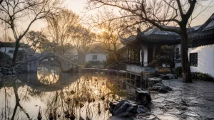 Humble Administrator's Garden in Suzhou in December with bare winter trees and soft morning light
