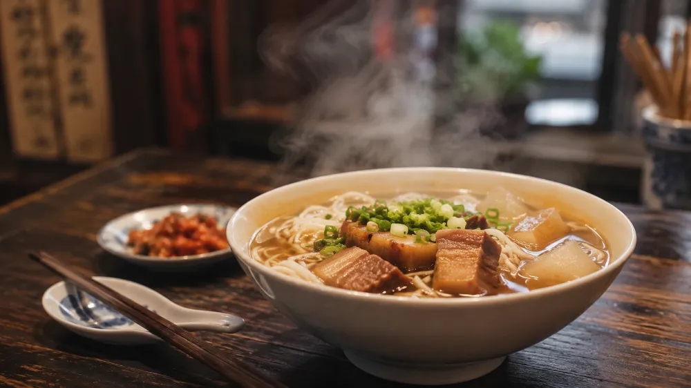 Steaming bowl of Suzhou-style braised pork noodles served in a traditional old city noodle shop in December