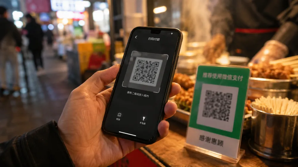 Tourist using mobile payment app to scan QR code at a street food stall in Xiamen