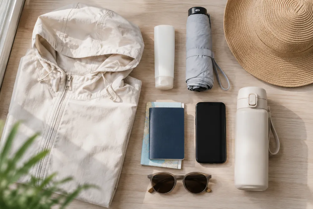 Flat lay of essential travel items to pack for Xiamen's coastal climate, including sunscreen, umbrella and passport