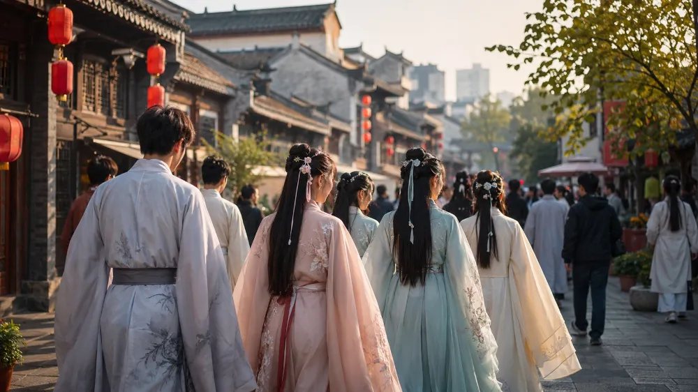 Young people wearing traditional hanfu robes in a historic Chinese city district