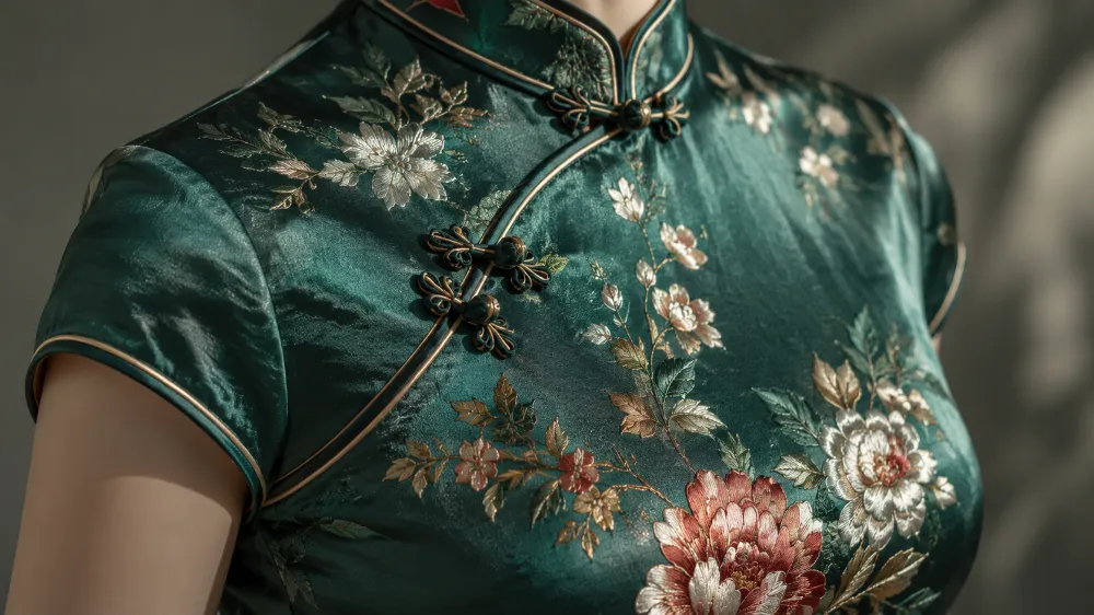 Close-up of an embroidered silk qipao dress with traditional frog button closures