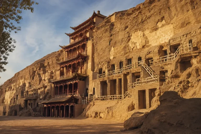 Ancient cave entrances carved into the cliff face at the Mogao Caves in Dunhuang