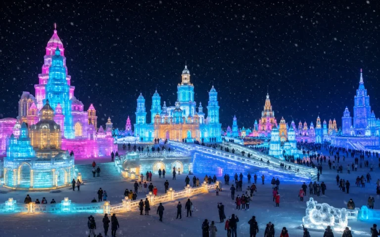 Illuminated ice castles at the Harbin Snow Festival China hosts every winter