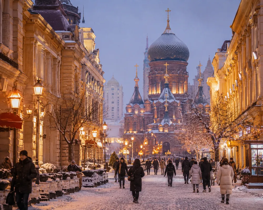 Snow-covered Russian colonial architecture near St. Sophia Cathedral in Harbin