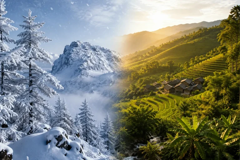 Contrasting snowy northern and lush southern landscapes showing the best time to visit China by region