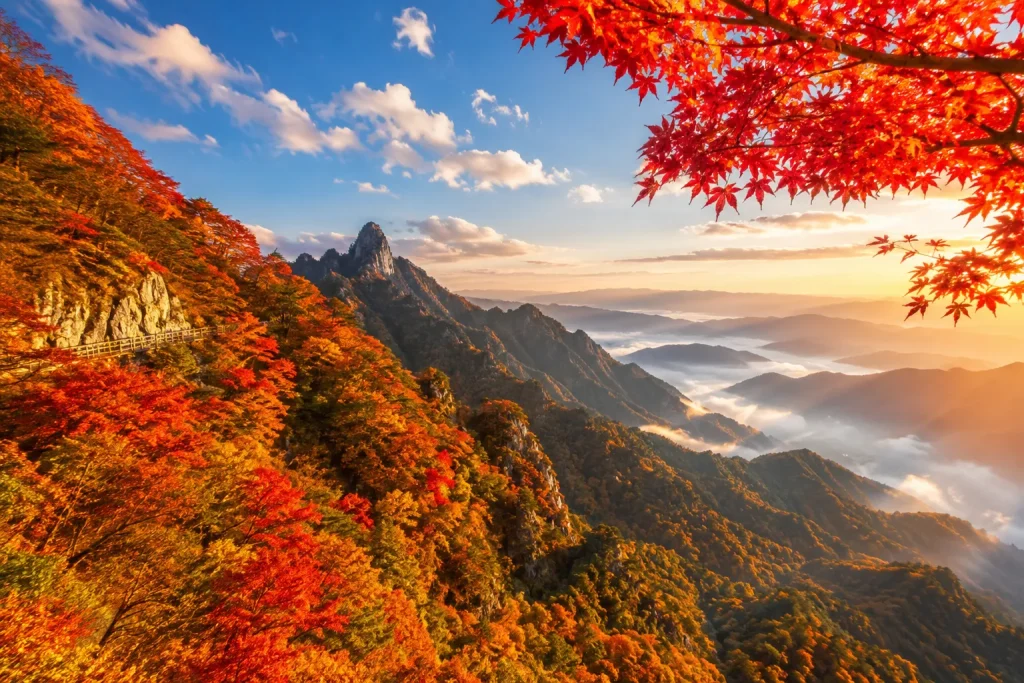 Vibrant autumn foliage covering mountain forests during one of China's most popular travel seasons