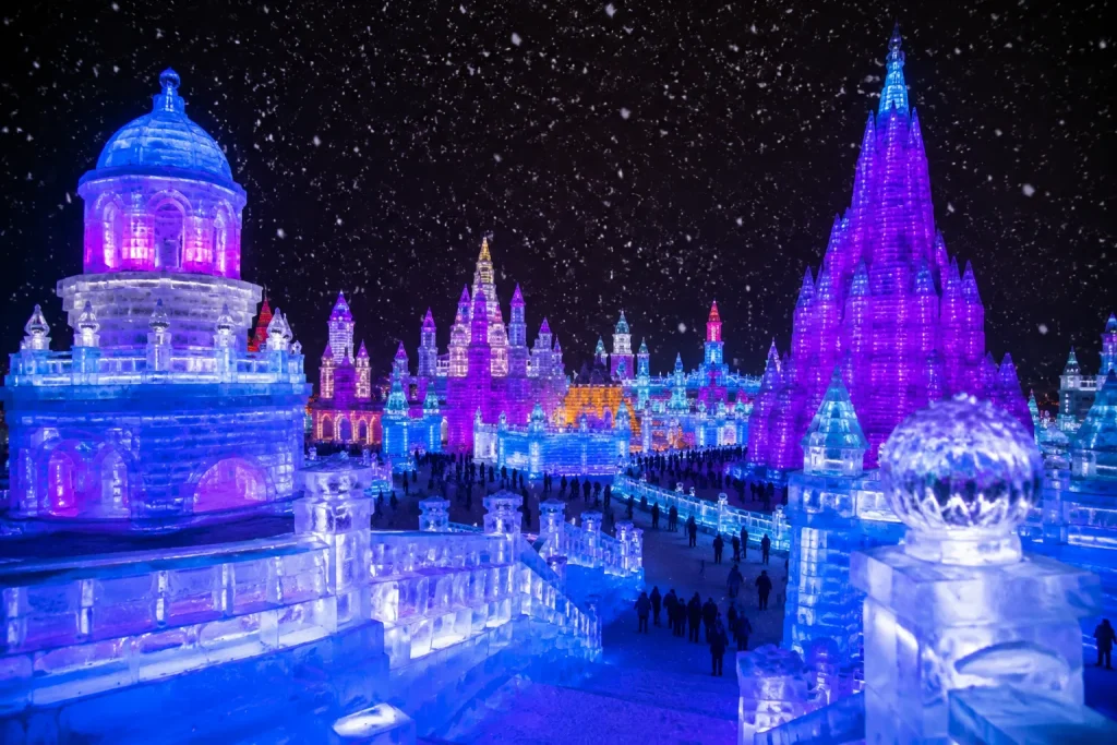 Illuminated ice sculptures during Harbin's winter festival, the best time to visit northeastern China