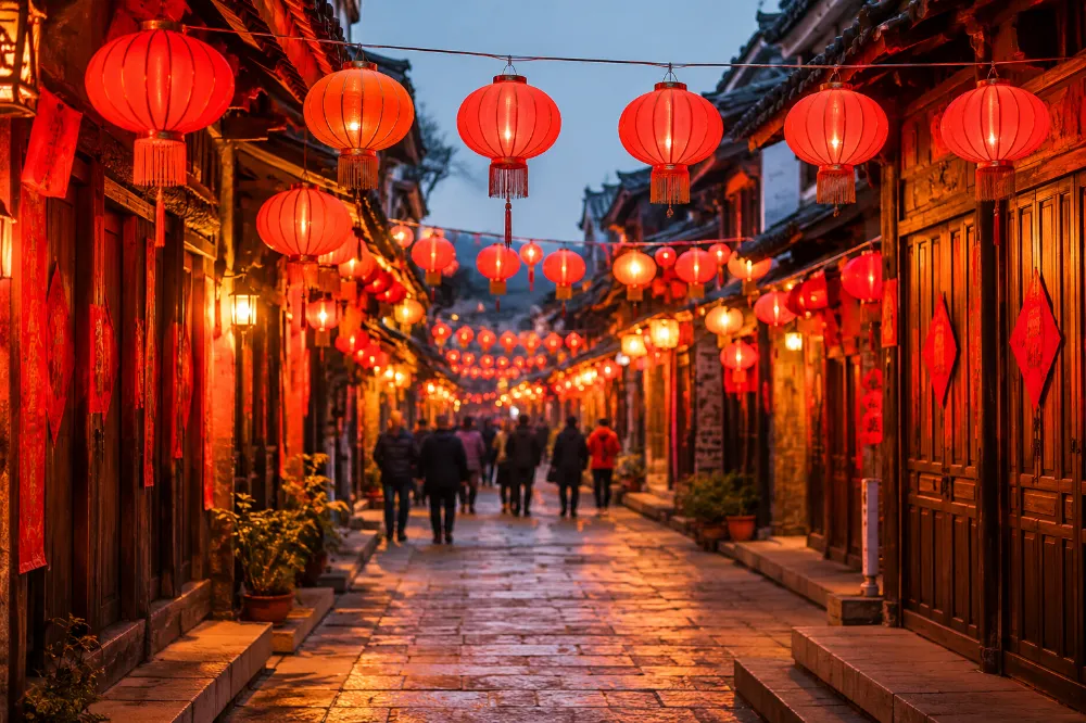 Red lanterns and Spring Festival decorations along a traditional Chinese street, reflecting the core traditions and customs of China