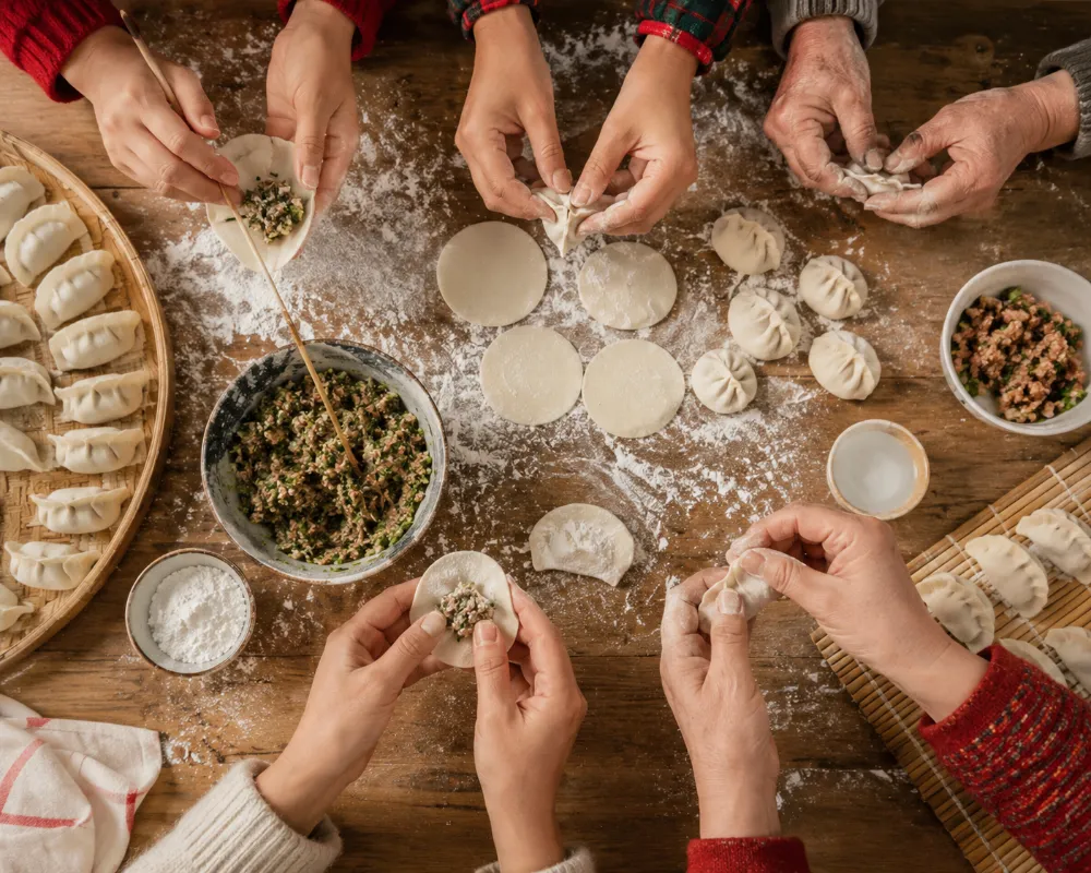 Hands folding dumplings together, a core Spring Festival tradition and one of the most enduring customs of China