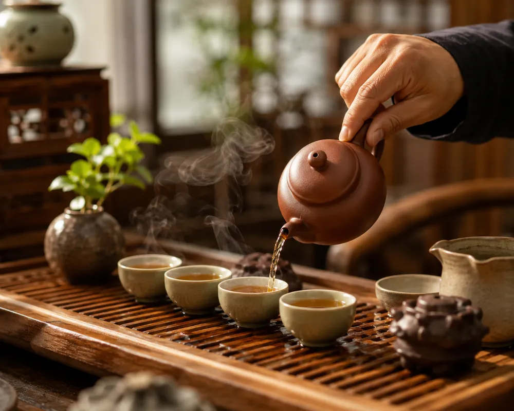 A Gongfu tea ceremony with a clay teapot and ceramic cups, one of the most refined traditional customs of China