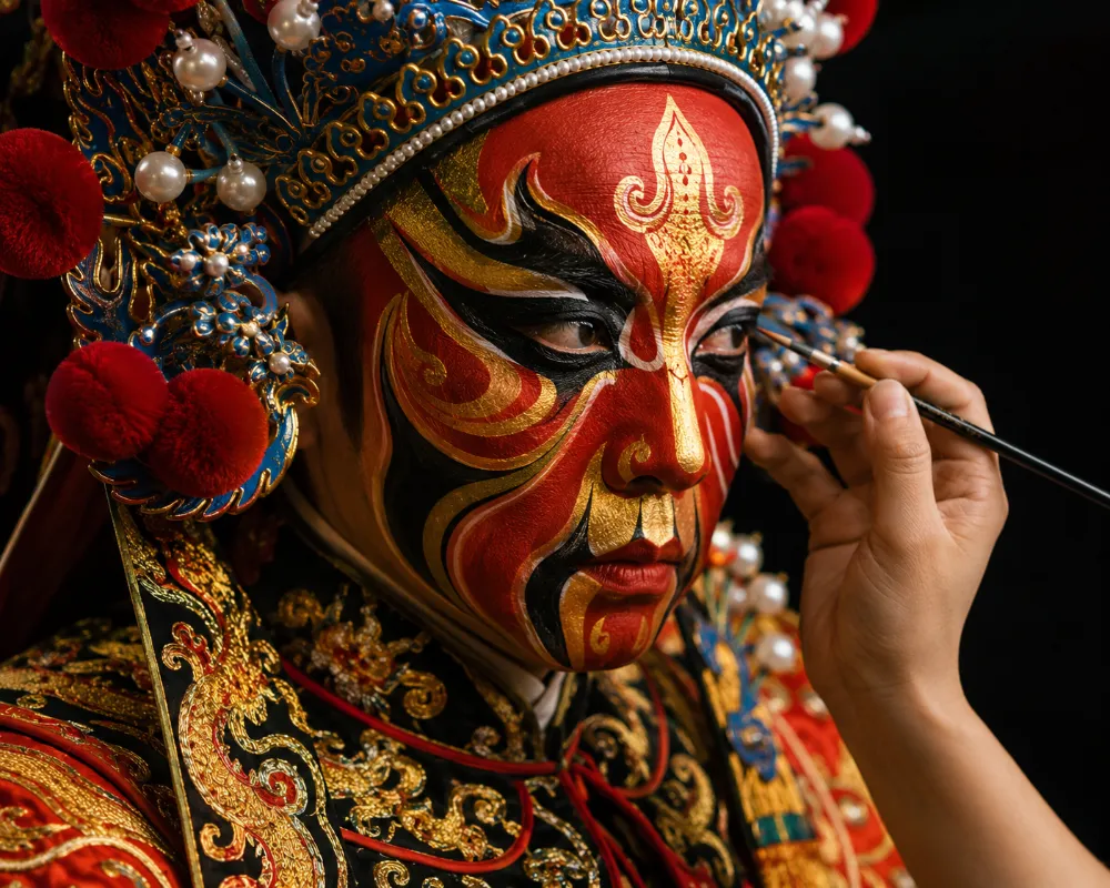 Elaborate face makeup and costume of a Beijing Opera performer, one of China's most visually distinctive artistic traditions