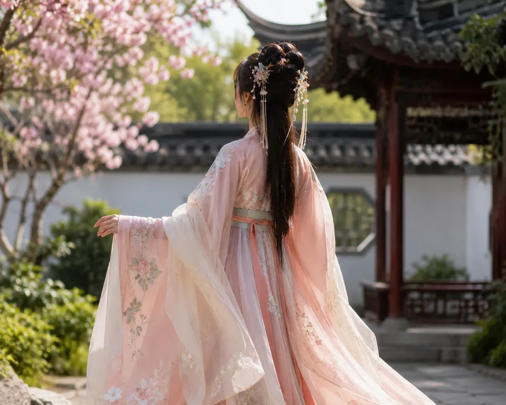 A young person wearing traditional hanfu clothing at a Chinese heritage site, reflecting the modern revival of China's ancient dress traditions