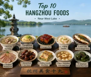 Top 10 Hangzhou foods spread on a table near West Lake
