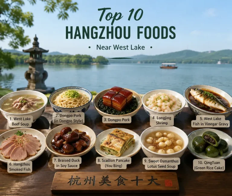 Top 10 Hangzhou foods spread on a table near West Lake