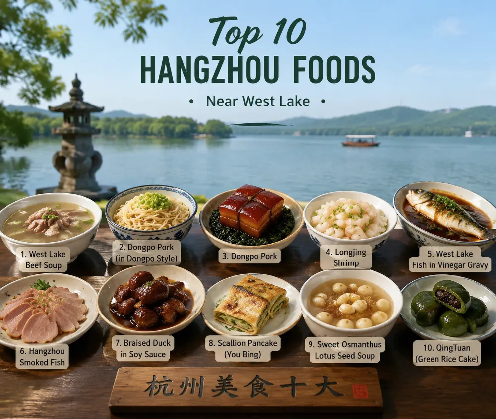 Top 10 Hangzhou foods spread on a table near West Lake
