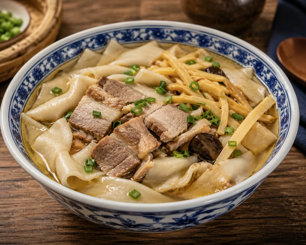 Bowl of Hangzhou pian er chuan noodle soup with pork and bamboo shoots