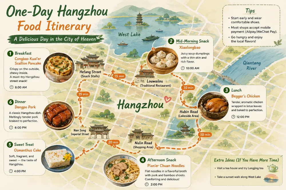Map-style overview of a one-day Hangzhou food itinerary
