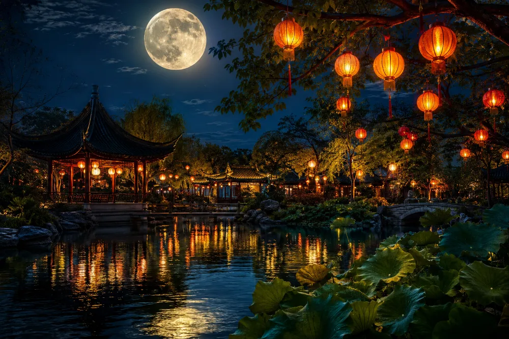 Full moon over a Chinese garden with glowing paper lanterns, the central symbols of the Mid-Autumn Festival representing family reunion and togetherness