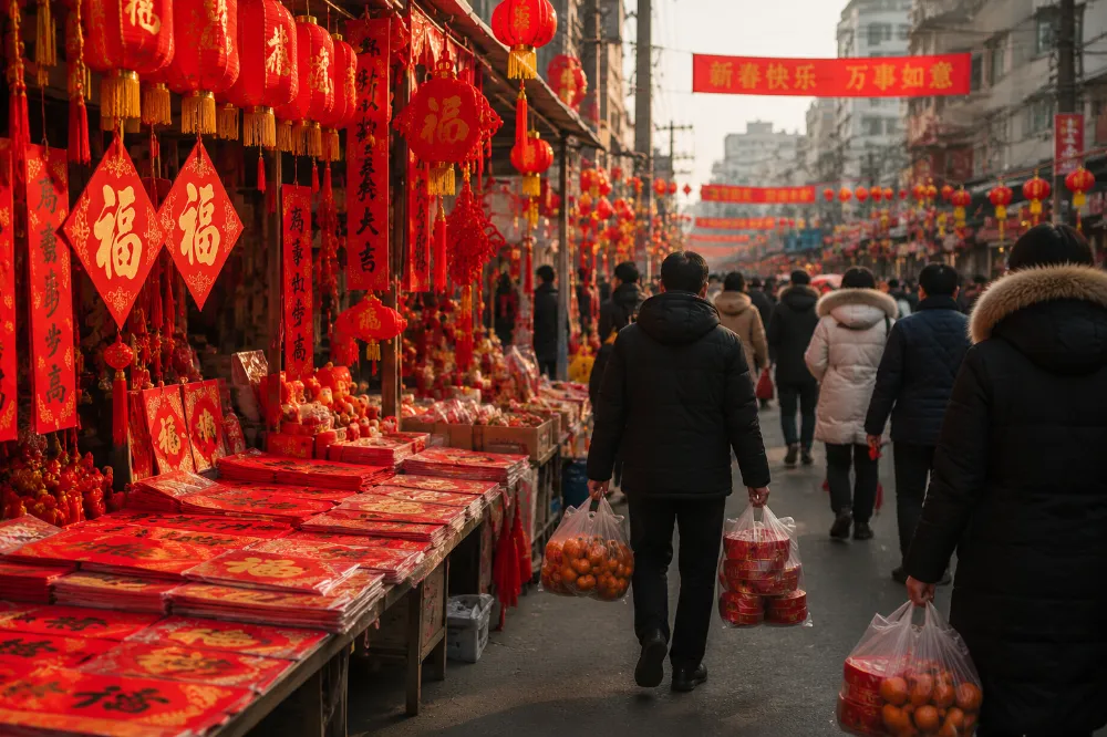 A Chinese New Year street market with stalls selling red decorations, oranges, and gift tins