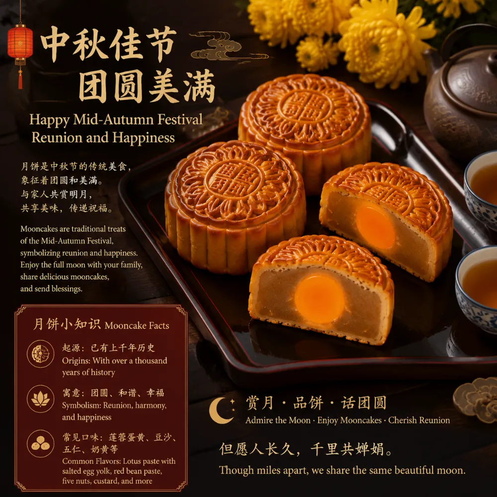 Traditional Chinese mooncakes with embossed floral patterns, one sliced open to show lotus paste and salted egg yolk filling, the signature food exchanged during the Mid-Autumn Festival