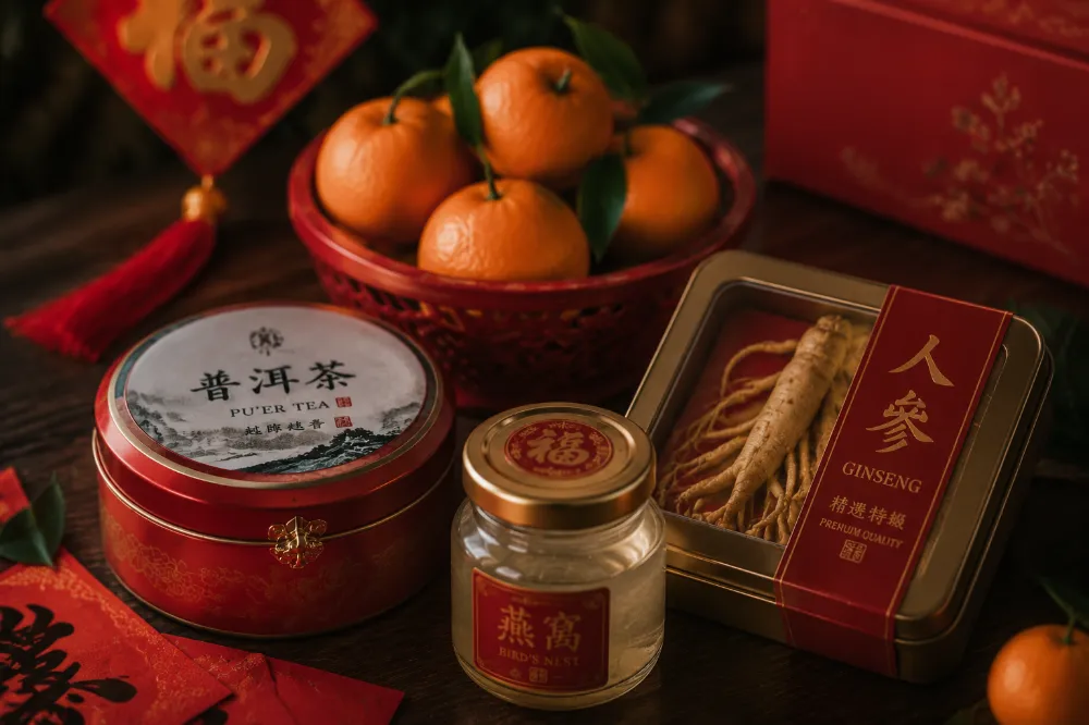 Traditional Chinese New Year gifts: pu'er tea, bird's nest, mandarin oranges, and ginseng on a wooden table
