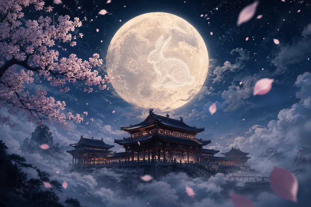 A dreamy full moon with a jade rabbit silhouette and traditional Chinese palace, evoking the legend of Chang'e that gives Mid-Autumn Festival greetings their poetic meaning