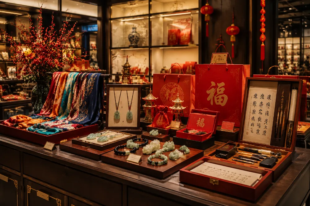 Modern Chinese New Year gift display: silk scarves, jade pendants, Pixiu bracelets, and calligraphy supplies in a Shanghai boutique