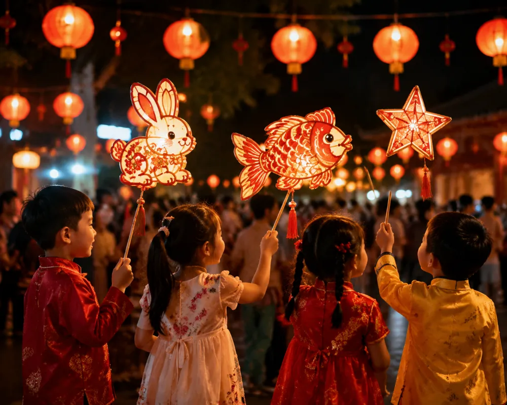 Children carrying glowing paper lanterns in rabbit and fish shapes during a Mid-Autumn Festival celebration, a tradition shared across Chinese, Vietnamese, and other Asian cultures