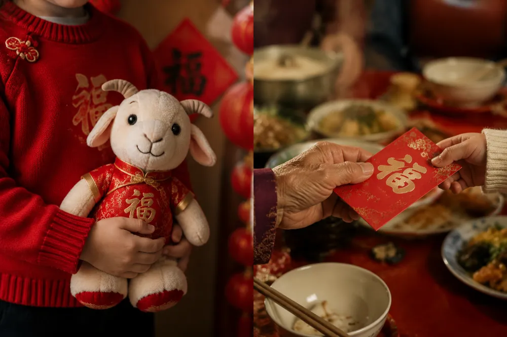 A child holding a goat plush next to an elder receiving a Chinese New Year red envelope