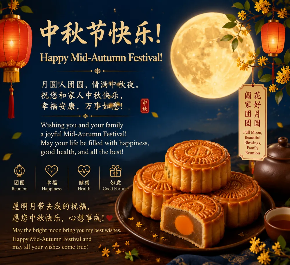 A multigenerational family gathered around a round table for Mid-Autumn Festival dinner, sharing mooncakes under the full moon