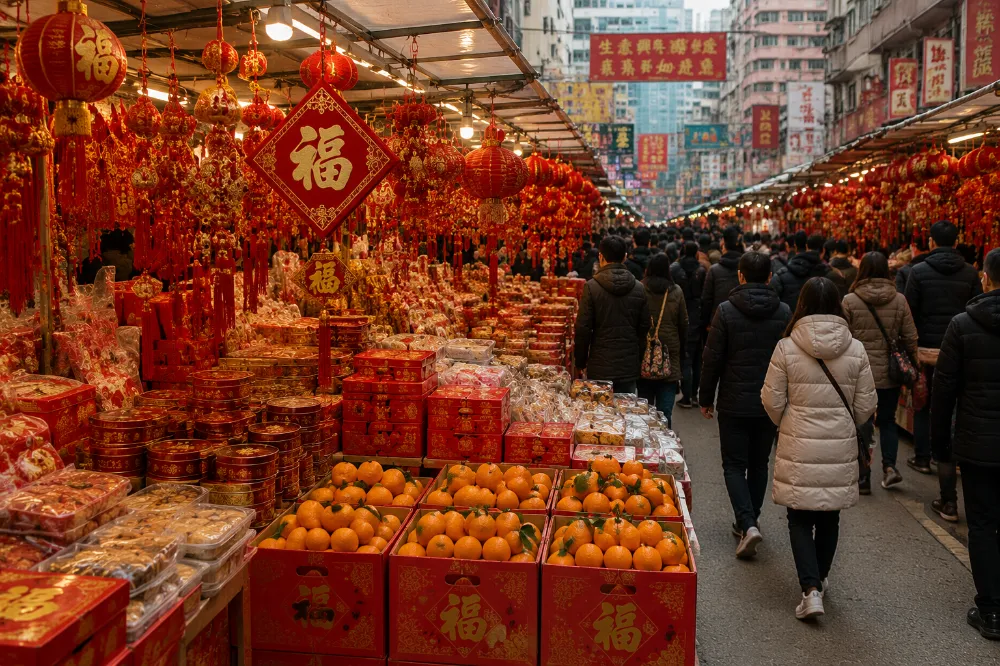 A Chinese New Year market in Hong Kong's Mong Kok with stalls selling oranges, decorations, and gift tins