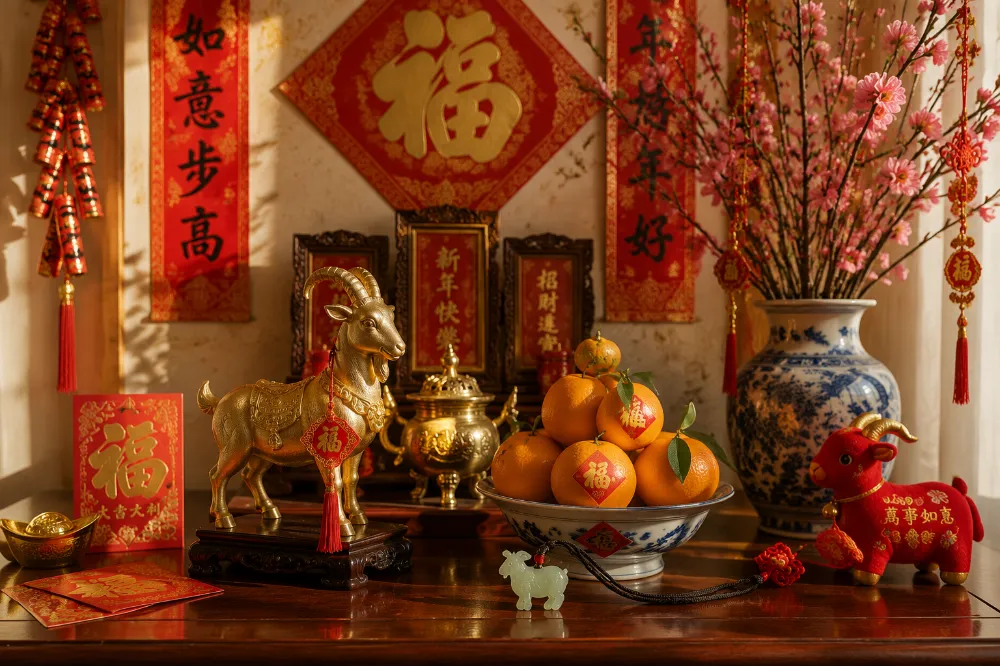A Chinese New Year home altar with goat-themed decorations, mandarin oranges, and peach blossoms for 2027
