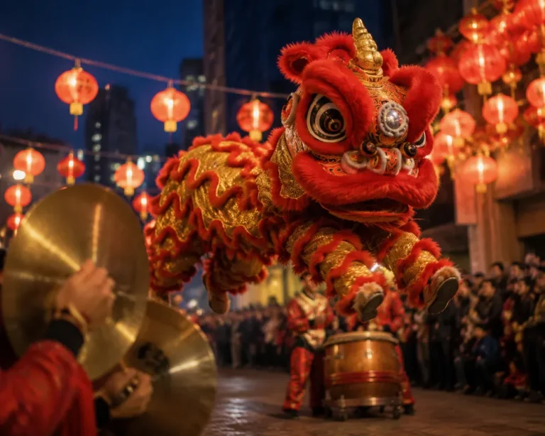 A red and gold Chinese lion dance mid-jump at night with cymbals visible in foreground