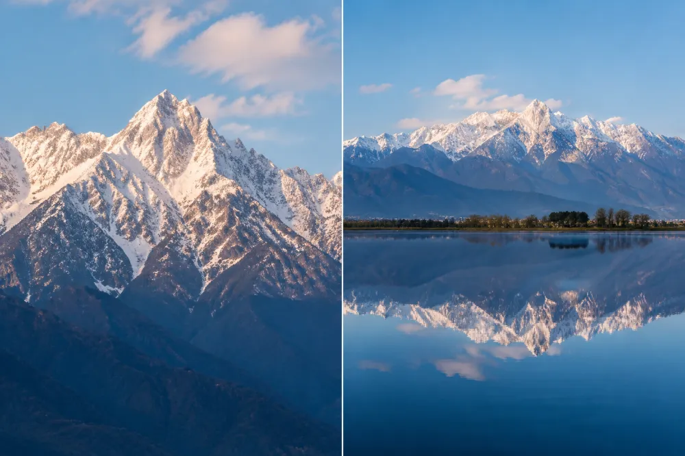 A snow-capped Cangshan peak and its reflection on a calm section of Erhai Lake in Dali, Yunnan