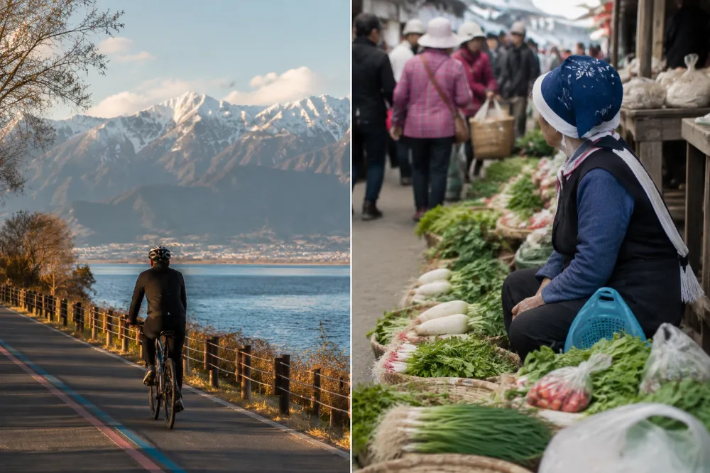 A cyclist on the Erhai Lake eco-corridor and a Bai grandmother selling produce at the Xizhou morning market
