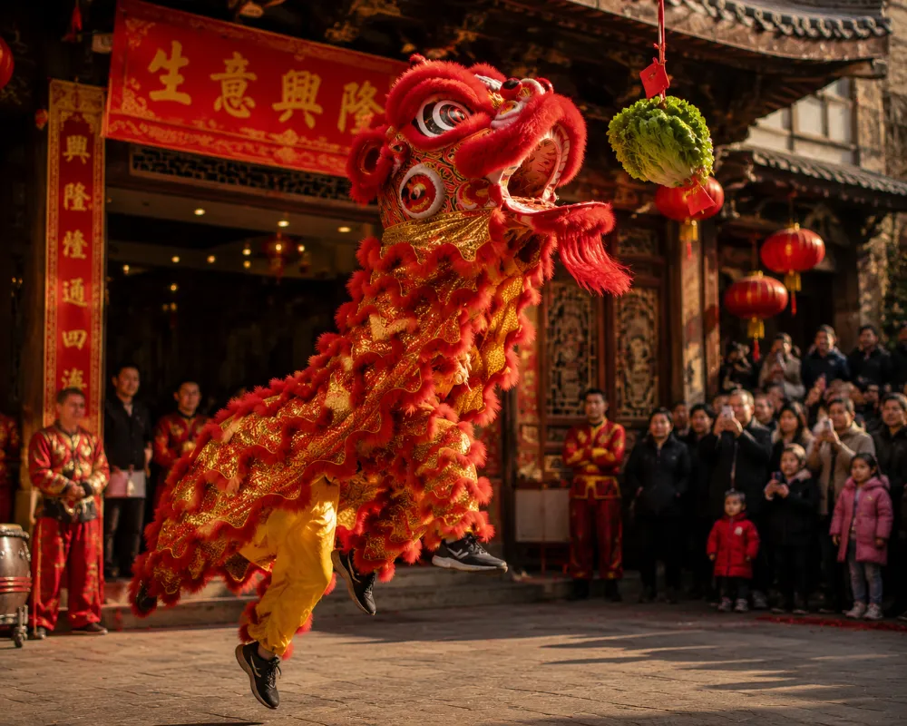 紅金雙色舞獅躍起咬住高掛的生菜與紅包
