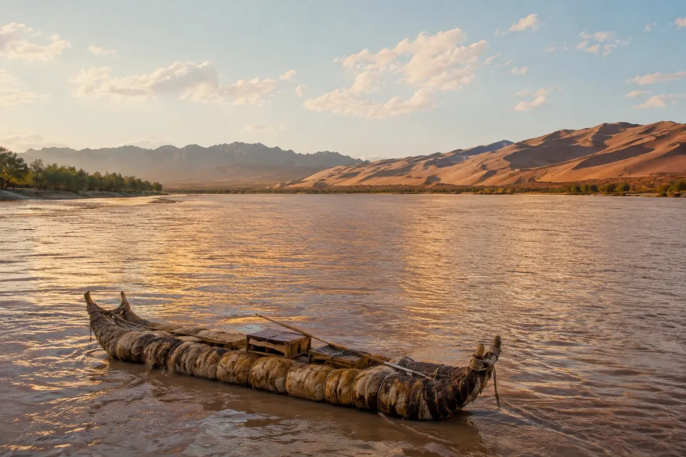 Yellow River at Shapotou in autumn, with a traditional sheepskin raft on calm water