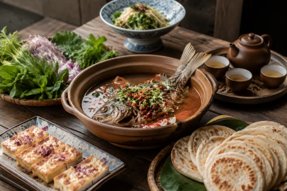 A Bai feast on a wooden table with sour-spicy fish, rushan cheese, Xizhou baba pancakes, and three-course tea