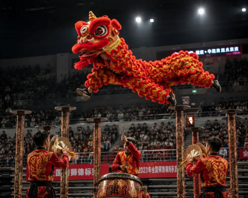 舞獅隊在梅花樁上高難度競技