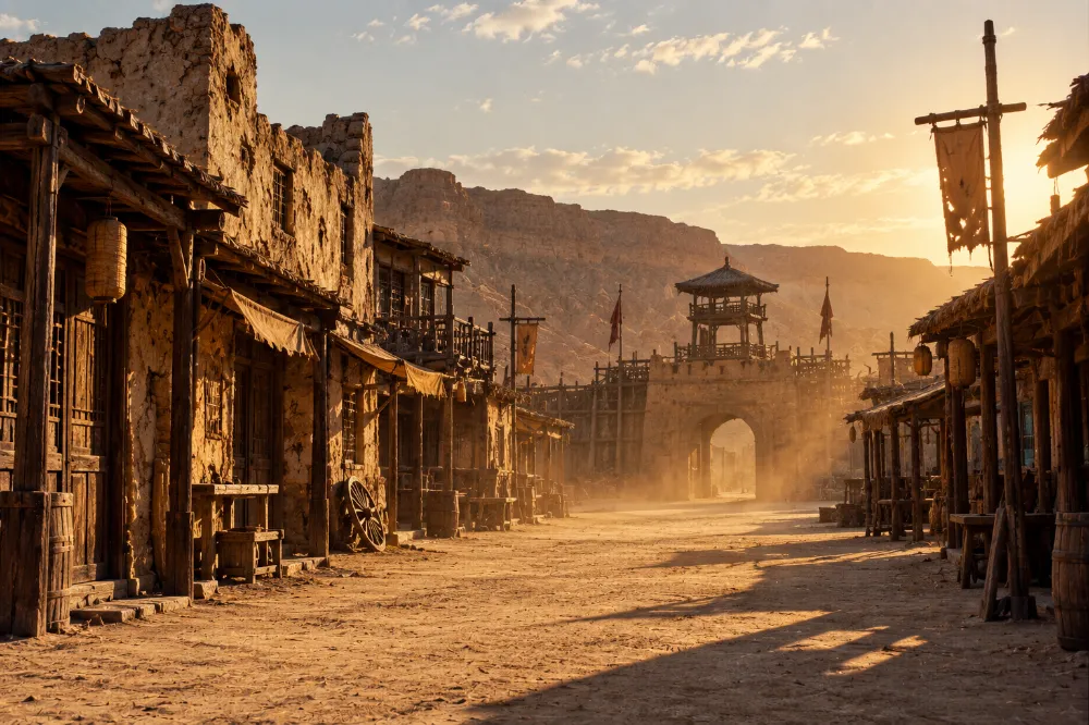 Empty frontier town film set at Zhenbeibu Western Film Studio near Yinchuan, used in Red Sorghum and A Chinese Odyssey