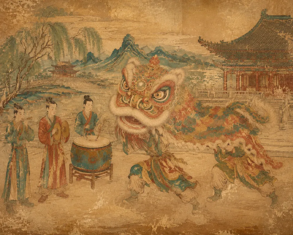 唐代中國畫:早期舞獅表演,兩位舞者與樂師