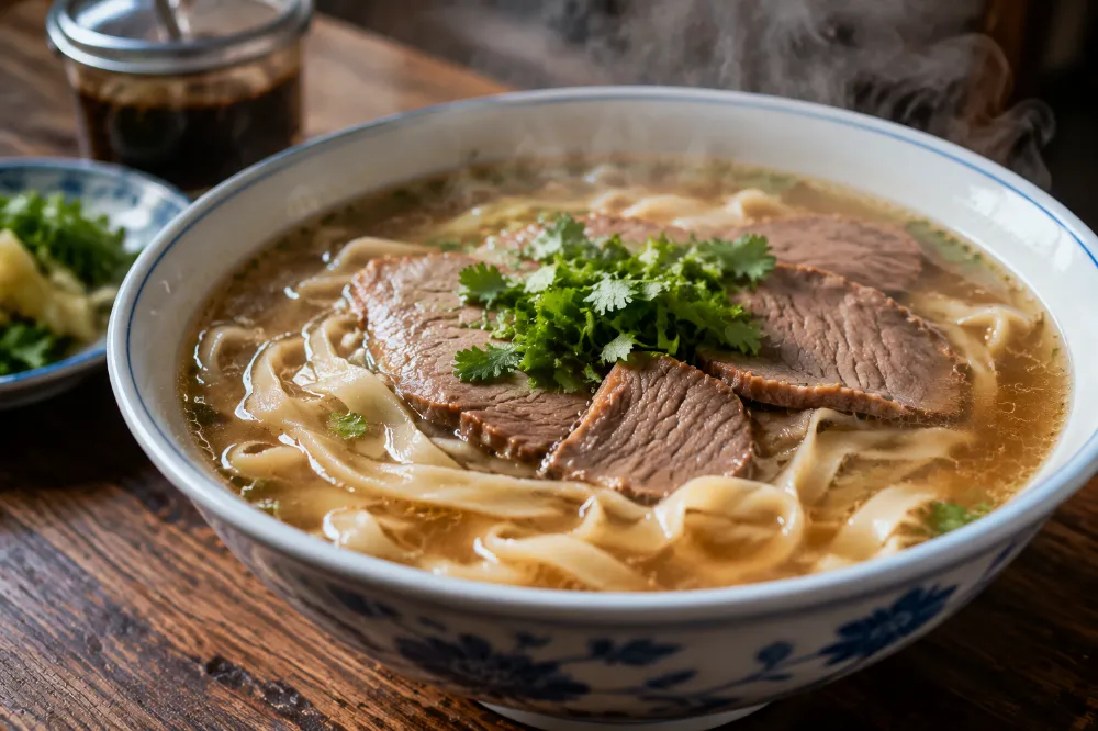 A bowl of hand-pulled beef noodle soup, a signature dish of Hui Muslim cuisine in Ningxia