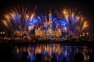 Enchanted Storybook Castle at Shanghai Disneyland lit up by the ILLUMINATE nighttime fireworks show over the lake