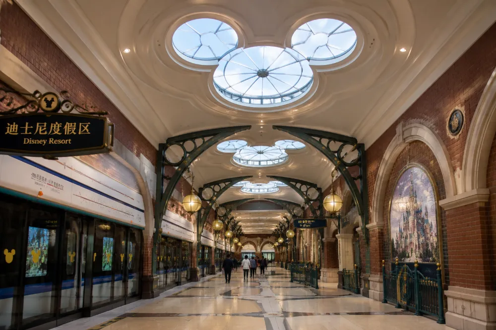 Interior of Disney Resort Metro Station in Shanghai with its themed Mickey-shaped skylights