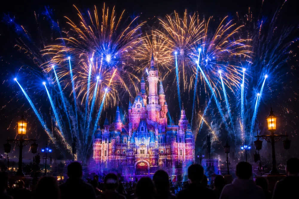 The ILLUMINATE fireworks show above the Enchanted Storybook Castle at Shanghai Disneyland, the signature nighttime show