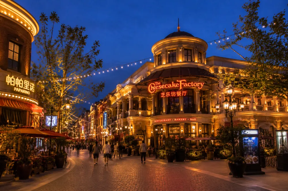 Disneytown at night at Shanghai Disney Resort, the free shopping and dining district outside the main park